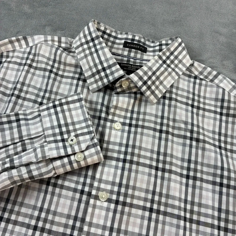 Banana Republic Camden Fit Plaid Non-Iron Cotton Shirt Mens Lg Grey Black White